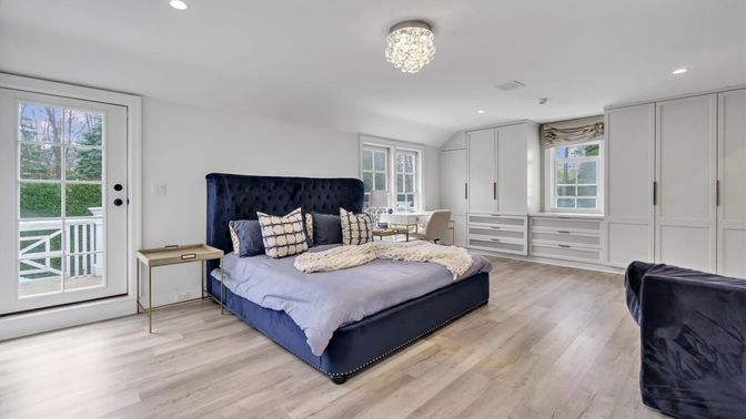 Bedroom, Chandelier, Dining room, Interior, Recessed Lighting, Wood Texture Flooring