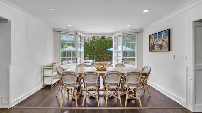 Dining room, Interior, Recessed Lighting, Wood Texture Flooring