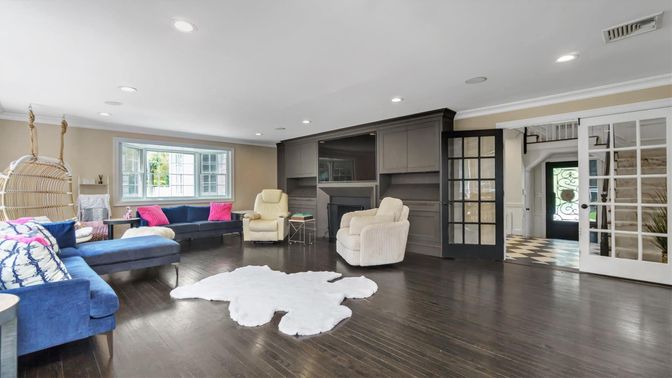 Fireplace, Interior, Living room, Recessed Lighting, Wood Texture Flooring