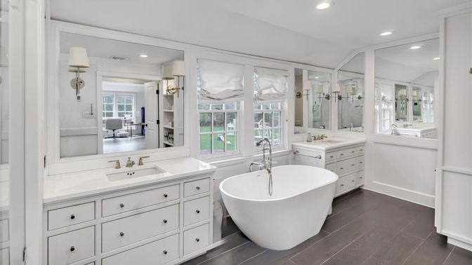 Bathroom, Dual Sink Vanities, Free Standing Baths, Interior, Recessed Lighting, Wood Texture Flooring