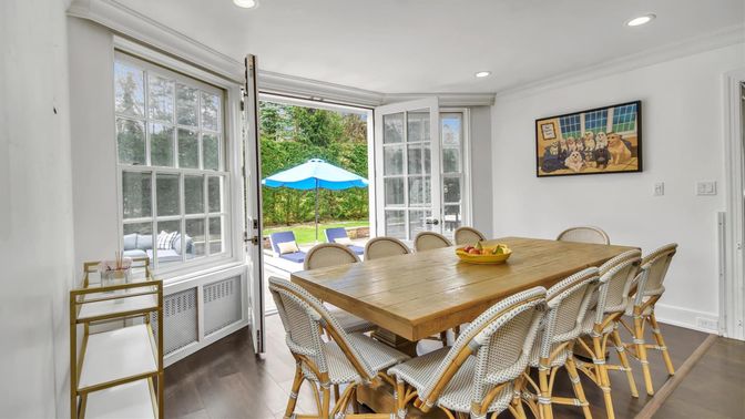 Dining room, Interior, Recessed Lighting, Wood Texture Flooring