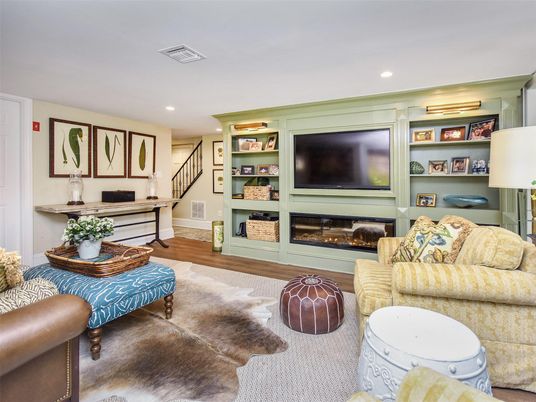 Fireplace, Interior, Living room, Recessed Lighting, Wood Texture Flooring