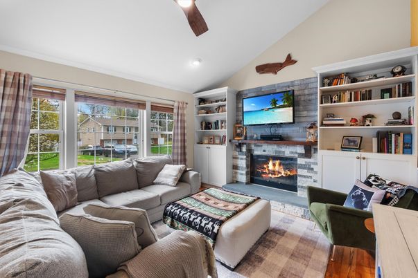 Fireplace, Interior, Living room, Recessed Lighting, Wood Texture Flooring