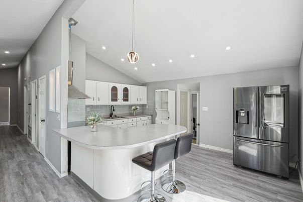 Interior, Kitchen, Pendant Lights, Recessed Lighting, Stainless Steel Appliances, Wood Texture Flooring