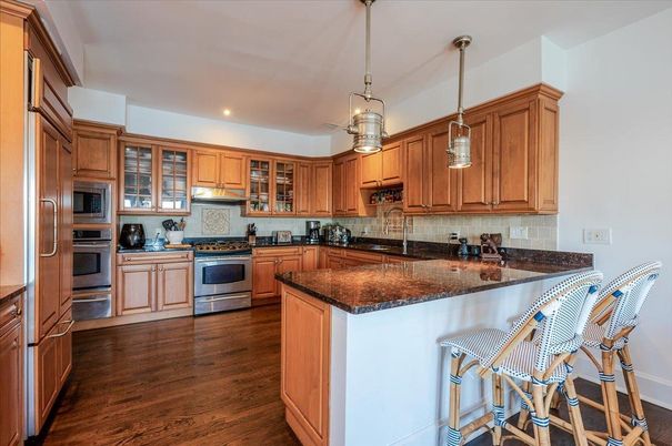 Interior, Kitchen, Pendant Lights, Recessed Lighting, Stainless Steel Appliances, Wood Texture Flooring