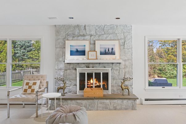 Fireplace, Interior, Recessed Lighting, Stone Walls
