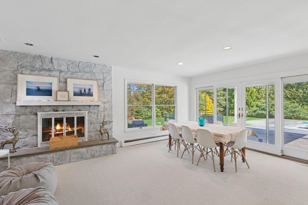 Dining room, Fireplace, Interior, Recessed Lighting