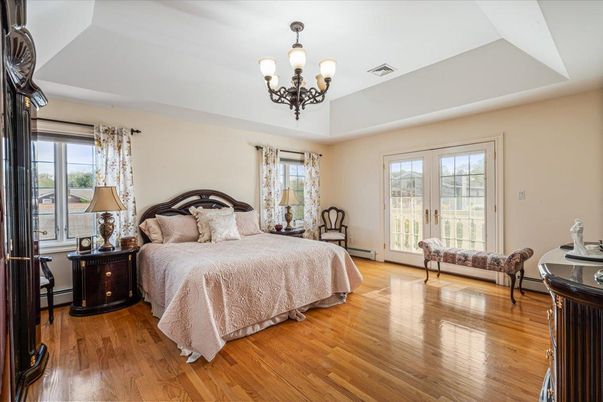 Bedroom, Chandelier, Interior, Wood Texture Flooring