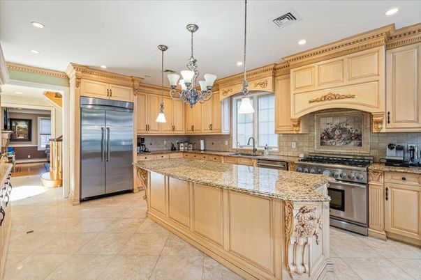 Chandelier, Interior, Kitchen, Pendant Lights, Recessed Lighting, Stainless Steel Appliances