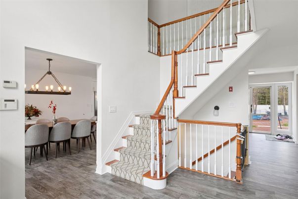 Chandelier, Dining room, Interior, Wood Texture Flooring