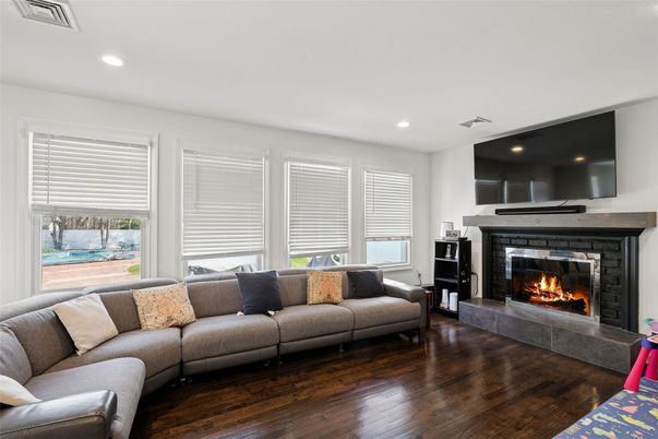 Fireplace, Interior, Living room, Recessed Lighting, Wood Texture Flooring