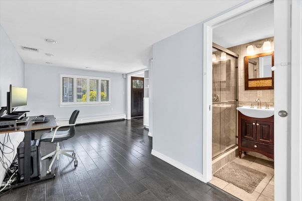 Bathroom, Glass Shower, Home Office, Interior, Recessed Lighting, Wood Texture Flooring