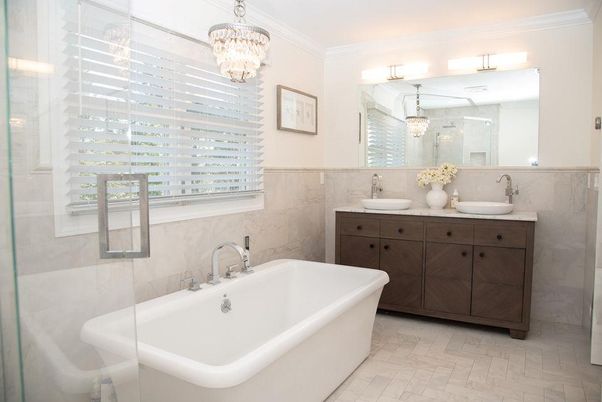 Bathroom, Chandelier, Dual Sink Vanities, Free Standing Baths, Glass Shower, Interior