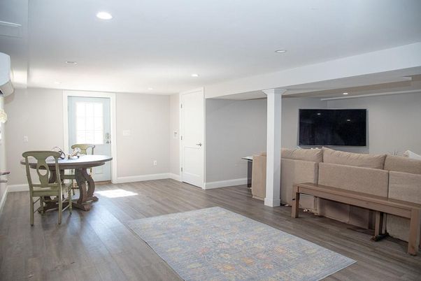 Dining room, Interior, Living room, Recessed Lighting, Wood Texture Flooring