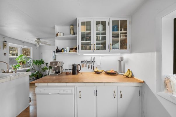 Interior, Kitchen, Tile Countertops, Wood Texture Flooring