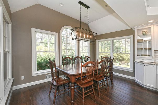 Dining room, Interior, Pendant Lights, Recessed Lighting, Wood Texture Flooring