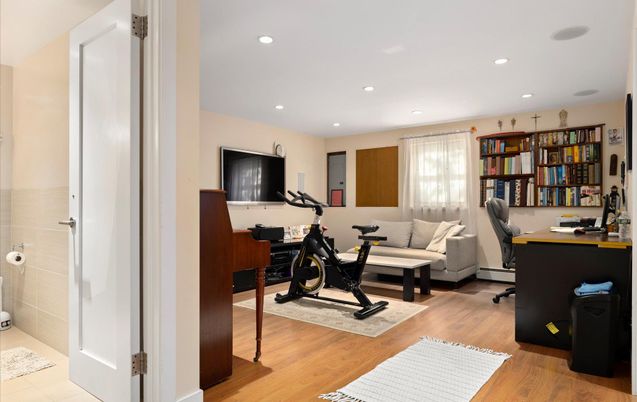 Fitness Equipment, Home Office, Interior, Recessed Lighting, Wood Texture Flooring