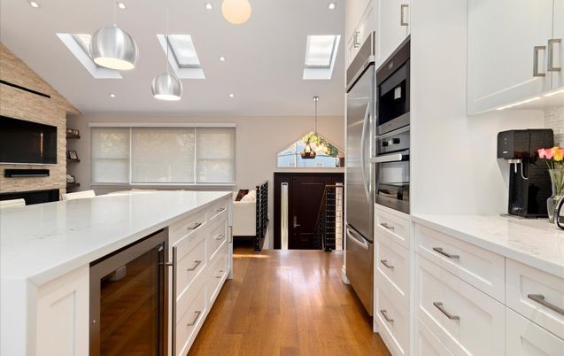 Interior, Kitchen, Pendant Lights, Recessed Lighting, Stainless Steel Appliances, Wood Texture Flooring