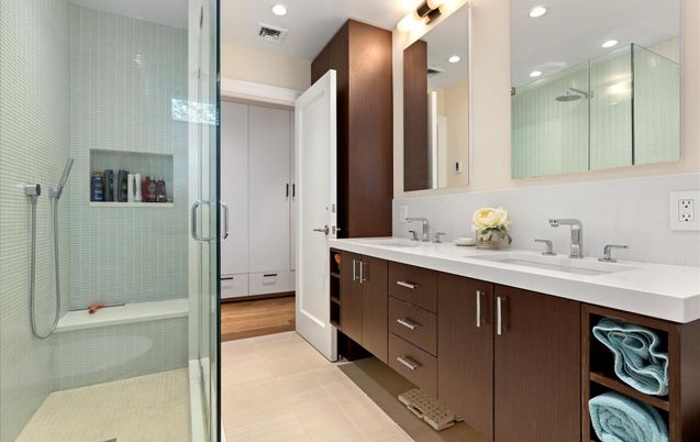 Bathroom, Dual Sink Vanities, Glass Shower, Interior, Recessed Lighting, Wood Texture Flooring
