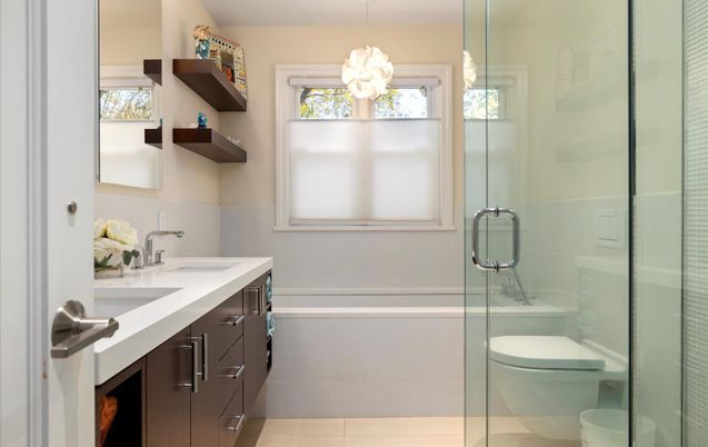 Bathroom, Glass Shower, Interior, Pendant Lights