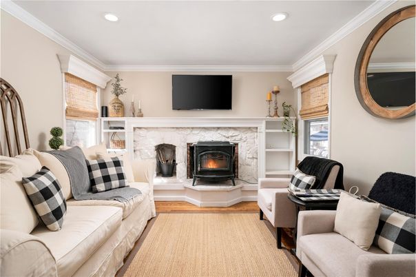 Fireplace, Interior, Living room, Recessed Lighting, Wood Texture Flooring