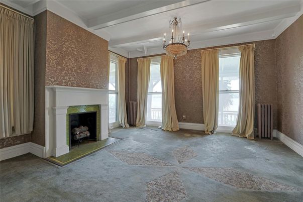 Chandelier, Empty room, Fireplace, Interior