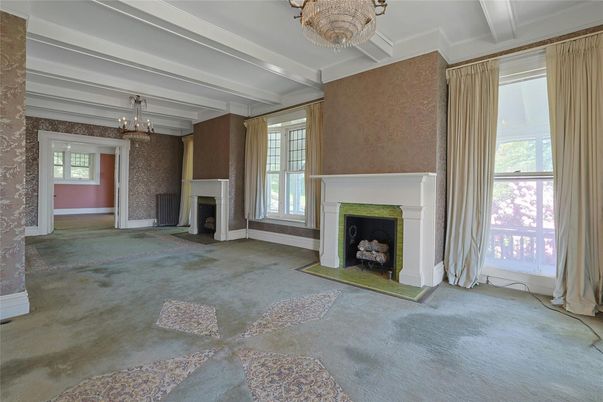 Chandelier, Empty room, Fireplace, Interior