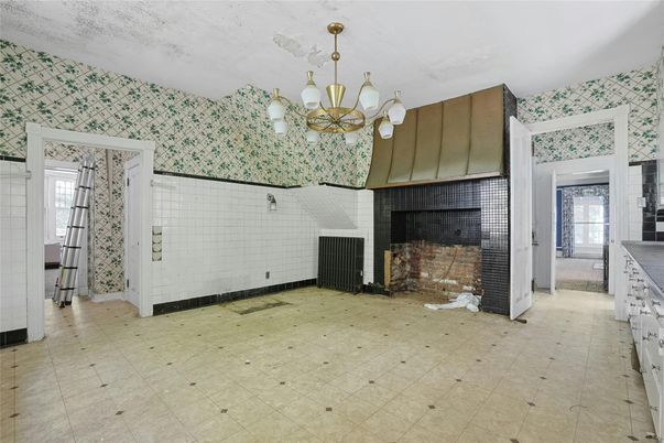 Chandelier, Empty room, Fireplace, Interior