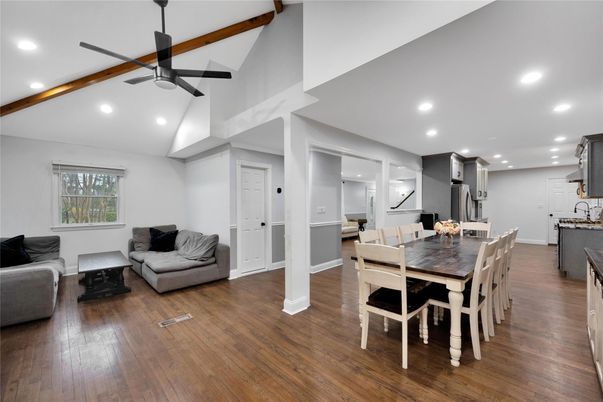 Dining room, Interior, Kitchen, Recessed Lighting, Wood Texture Flooring