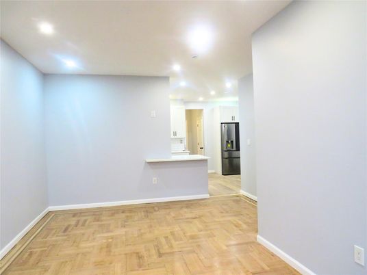 Empty room, Interior, Kitchen, Recessed Lighting, Wood Texture Flooring