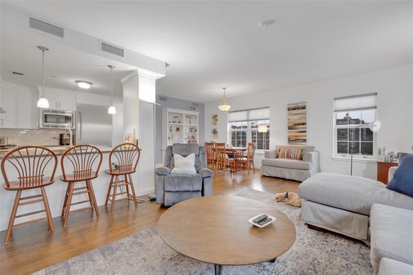 Dining room, Interior, Kitchen, Living room, Pendant Lights, Stainless Steel Appliances, Wood Texture Flooring