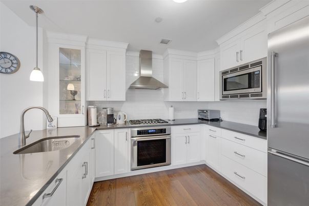 Interior, Kitchen, Pendant Lights, Stainless Steel Appliances, Wood Texture Flooring