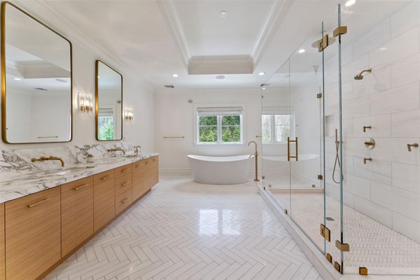 Bathroom, Dual Sink Vanities, Free Standing Baths, Glass Shower, Interior, Marble, Marble Walls, Recessed Lighting