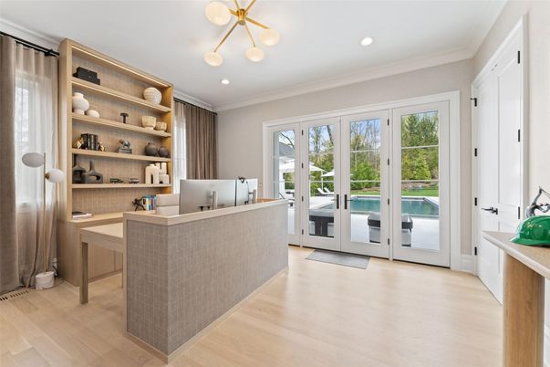Home Office, Interior, Pendant Lights, Recessed Lighting, Wood Texture Flooring