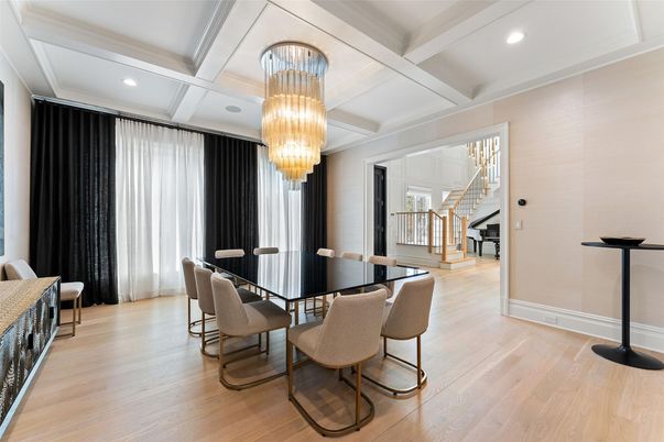 Chandelier, Dining room, Interior, Recessed Lighting, Wood Texture Flooring