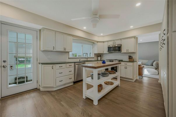 Interior, Kitchen, Recessed Lighting, Stainless Steel Appliances, Wood Texture Flooring