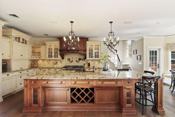 Chandelier, Interior, Kitchen, Recessed Lighting, Tile Countertops, Wood Texture Flooring