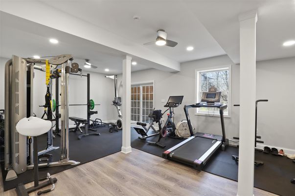 Fitness Equipment, Gym, Interior, Recessed Lighting, Wood Texture Flooring