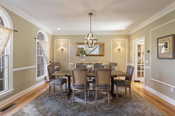 Dining room, Interior, Pendant Lights, Recessed Lighting, Wood Texture Flooring