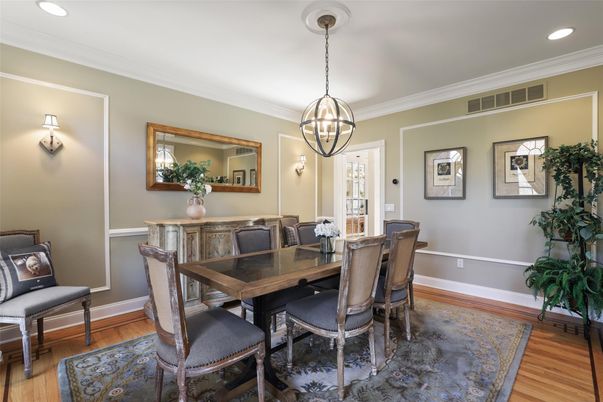 Dining room, Interior, Pendant Lights, Recessed Lighting, Wood Texture Flooring