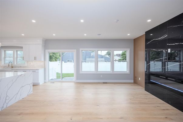 Interior, Kitchen, Marble Walls, Recessed Lighting, Wood Texture Flooring