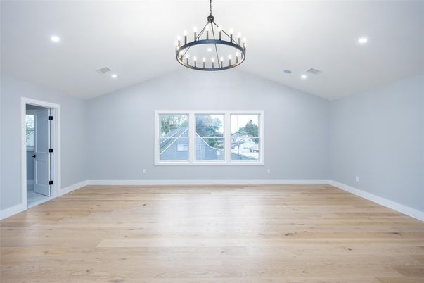 Chandelier, Empty room, Interior, Recessed Lighting, Wood Texture Flooring