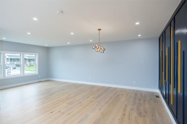 Empty room, Interior, Pendant Lights, Recessed Lighting, Wood Texture Flooring