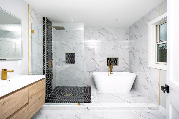 Bathroom, Free Standing Baths, Glass Shower, Interior, Marble, Marble Walls, Recessed Lighting