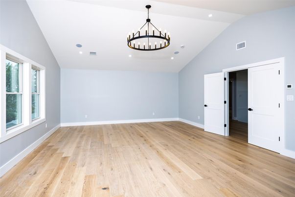 Chandelier, Empty room, Interior, Recessed Lighting, Wood Texture Flooring