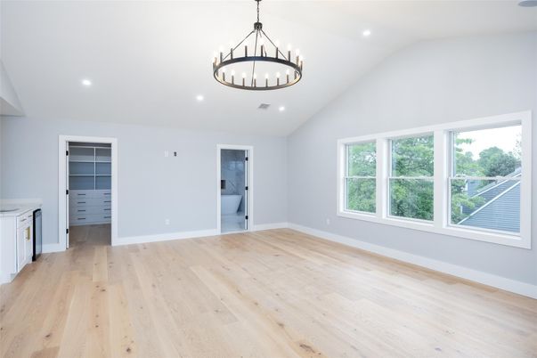 Chandelier, Empty room, Interior, Pendant Lights, Recessed Lighting, Wood Texture Flooring