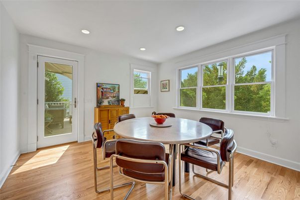 Dining room, Interior, Recessed Lighting, Wood Texture Flooring