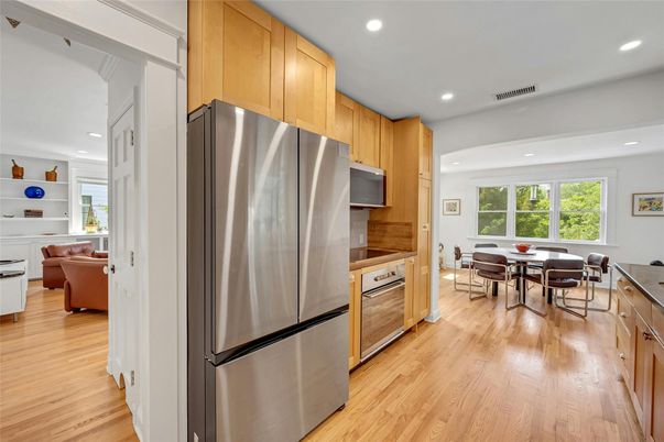 Dining room, Interior, Kitchen, Living room, Recessed Lighting, Stainless Steel Appliances, Wood Texture Flooring