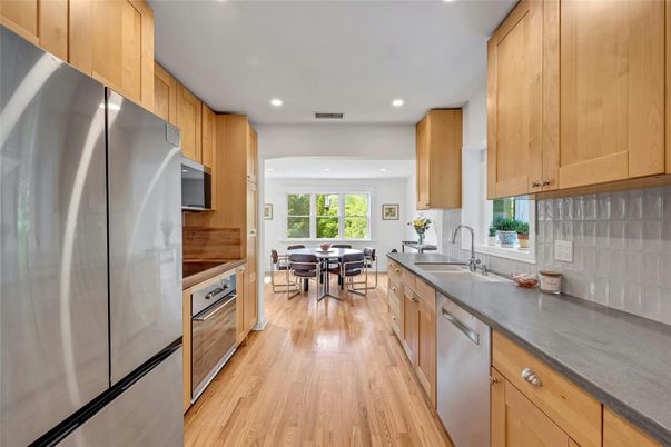 Dining room, Interior, Kitchen, Recessed Lighting, Stainless Steel Appliances, Wood Texture Flooring