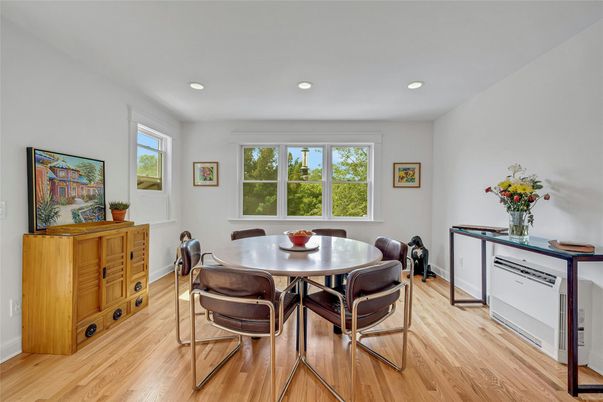 Dining room, Interior, Recessed Lighting, Wood Texture Flooring